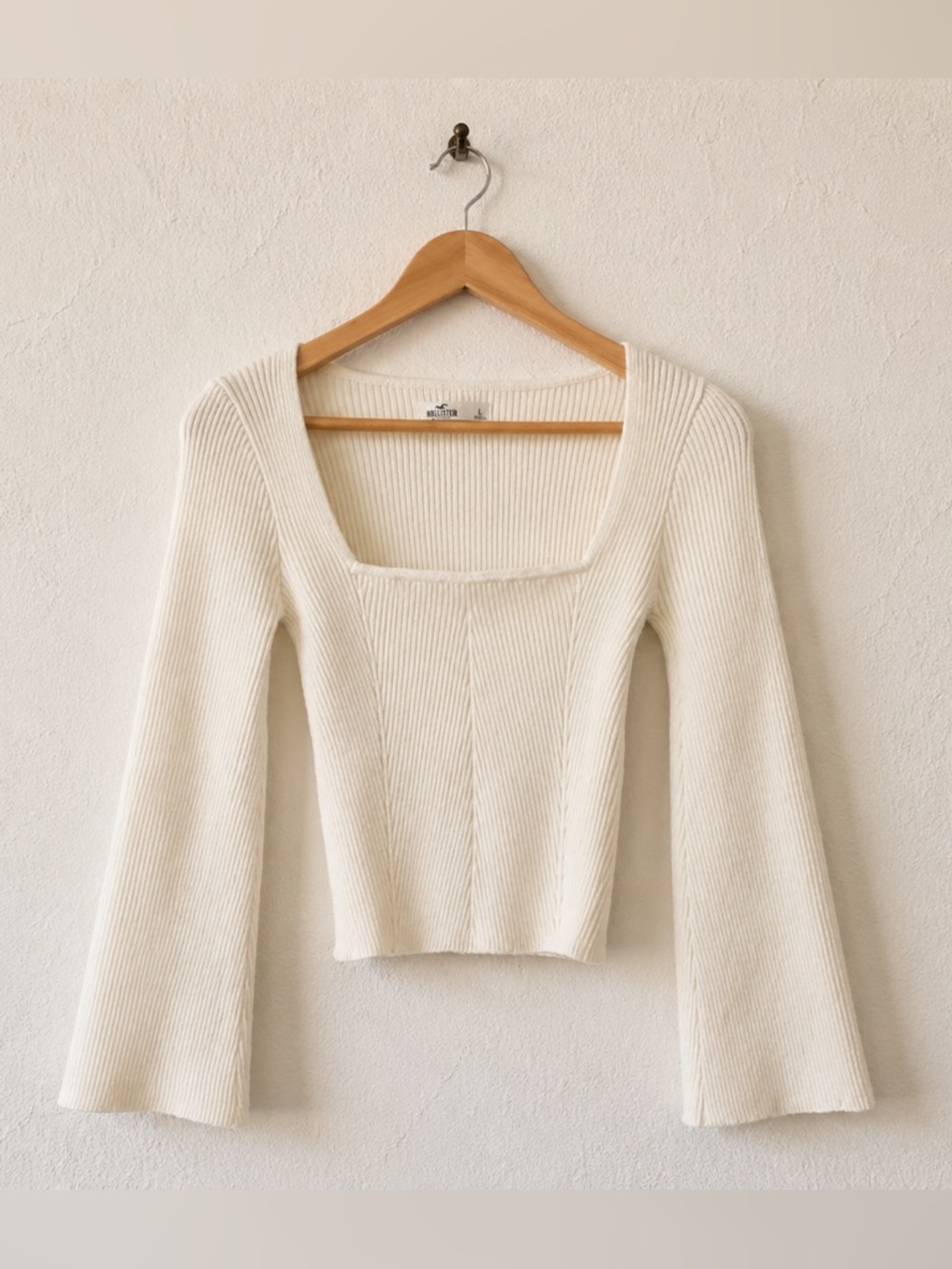 Hollister Cream Ribbed Knit Sweater Bell Sleeve Square‎ Neck Top L